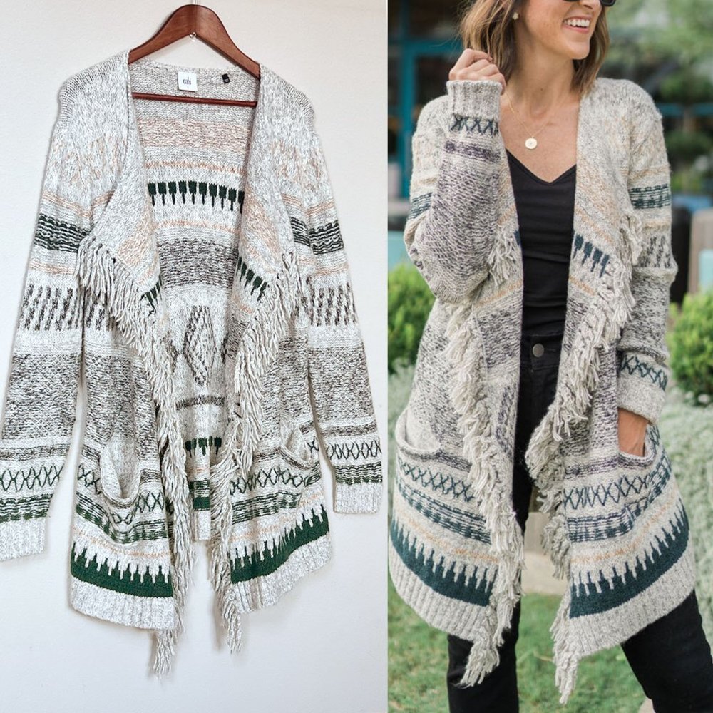 CAbi Shetland Cardigan Waterfall Sweater Boho Aztec Fringe Open Front Small Sz S